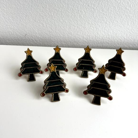 Set of 6 Brass Christmas Tree Napkin Rings Holder Table Decor - Picture 1 of 6